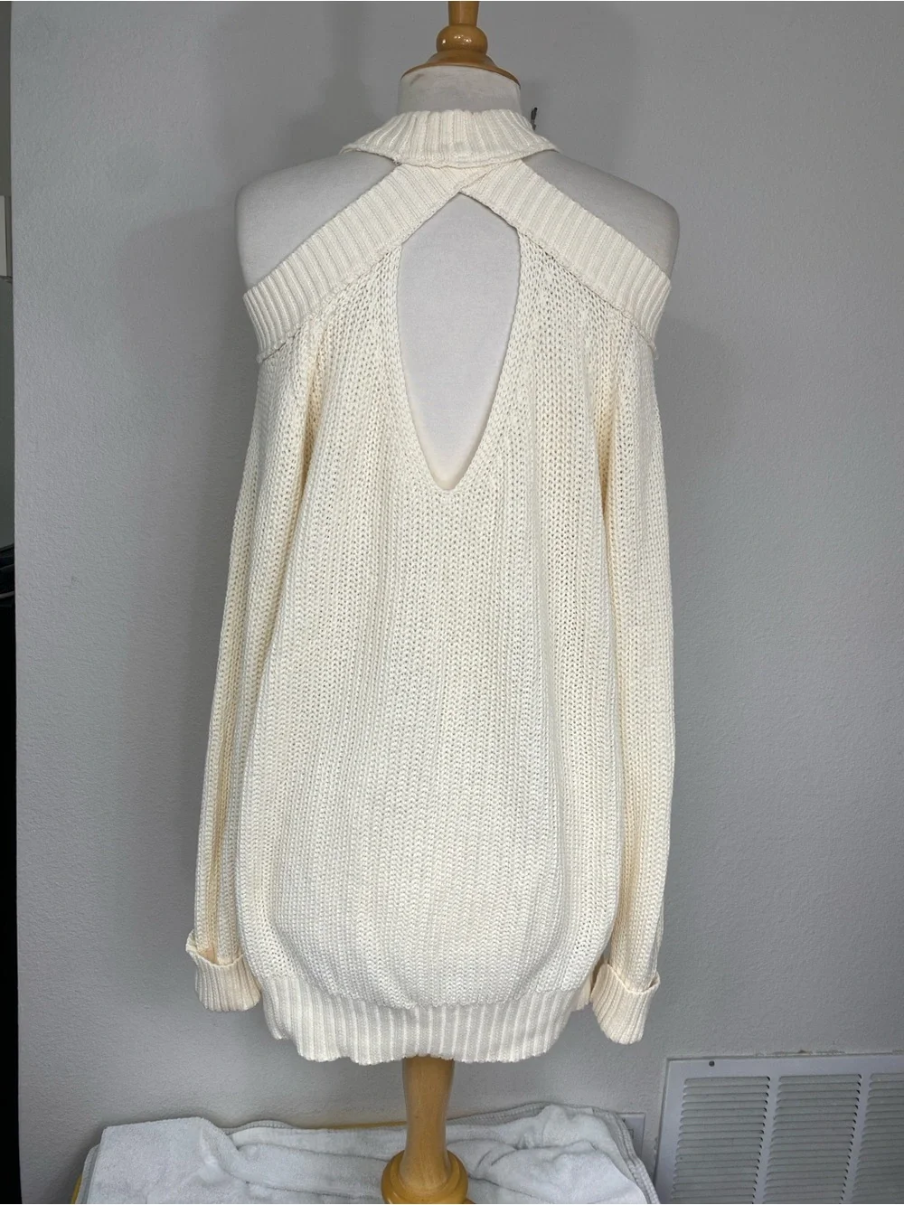 Free People Womens Cream Chunky Knit Ribbed Cutout Turtleneck Sweater Size Large
